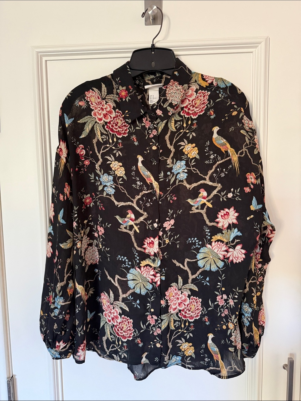 Black Chiffon Floral Button-Up Blouse with Multicolor Bird Print